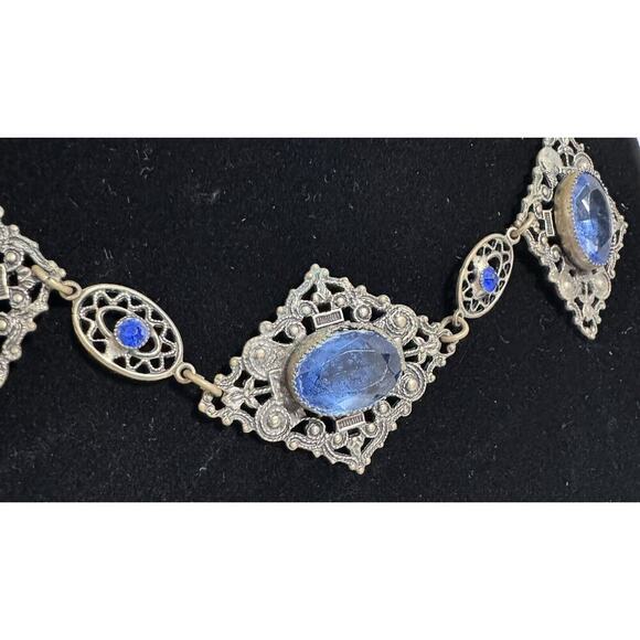 Antique Victorian Czech Blue Glass Filigree Bib Choker Necklace - Picture 4 of 14